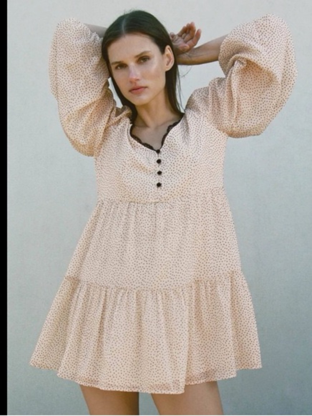 Zara Cream Polka Dot Tiered Mini Dress with Black Trim